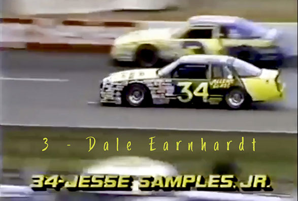 Jesse Samples Jr racing Dale Earnhardt in his Wrangler #3. 1987 NASCAR Winston Cup race at North Wilksboro Motorspeedway.